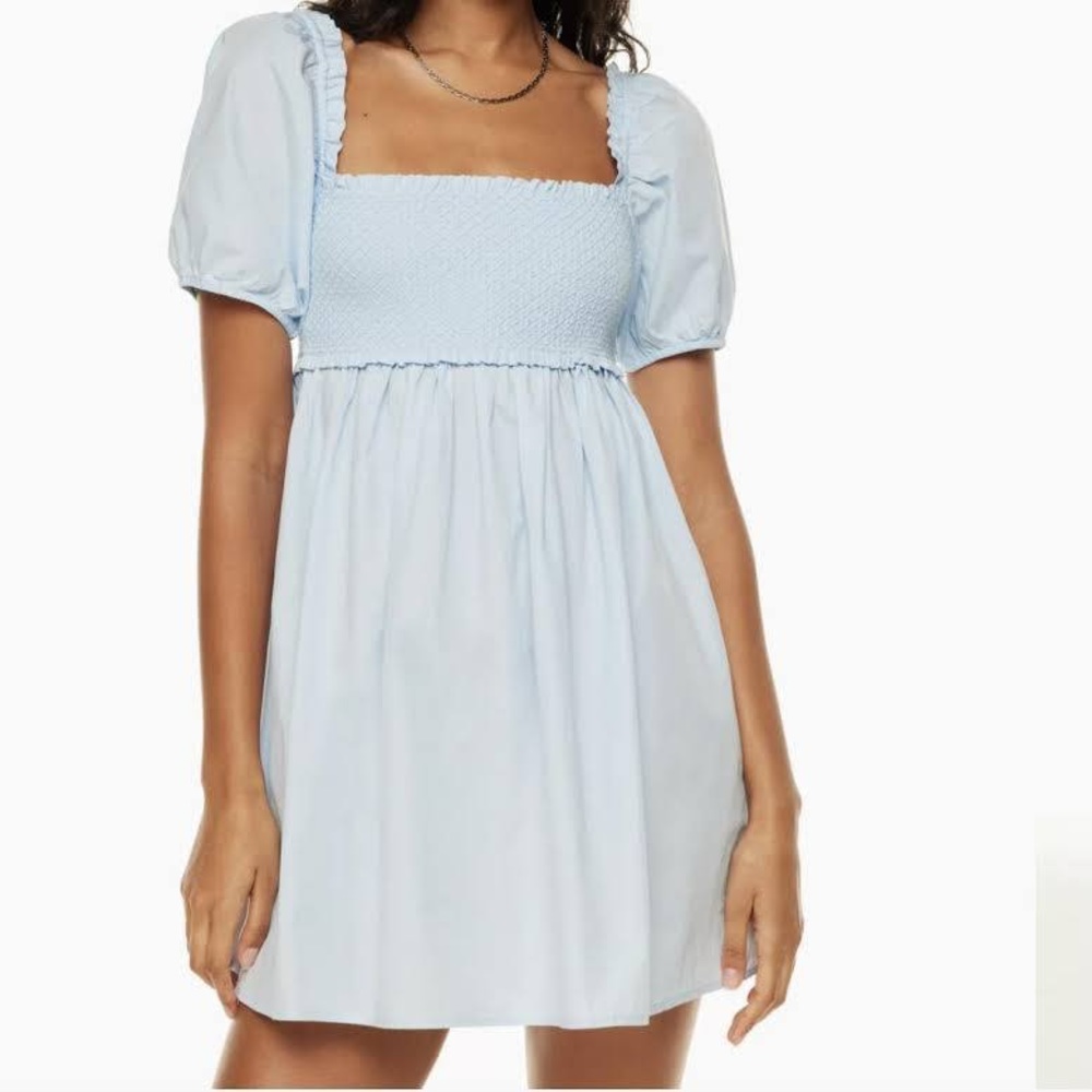 aritzia Sunday Best hadley babydoll poplin puff sleeve dress light blue